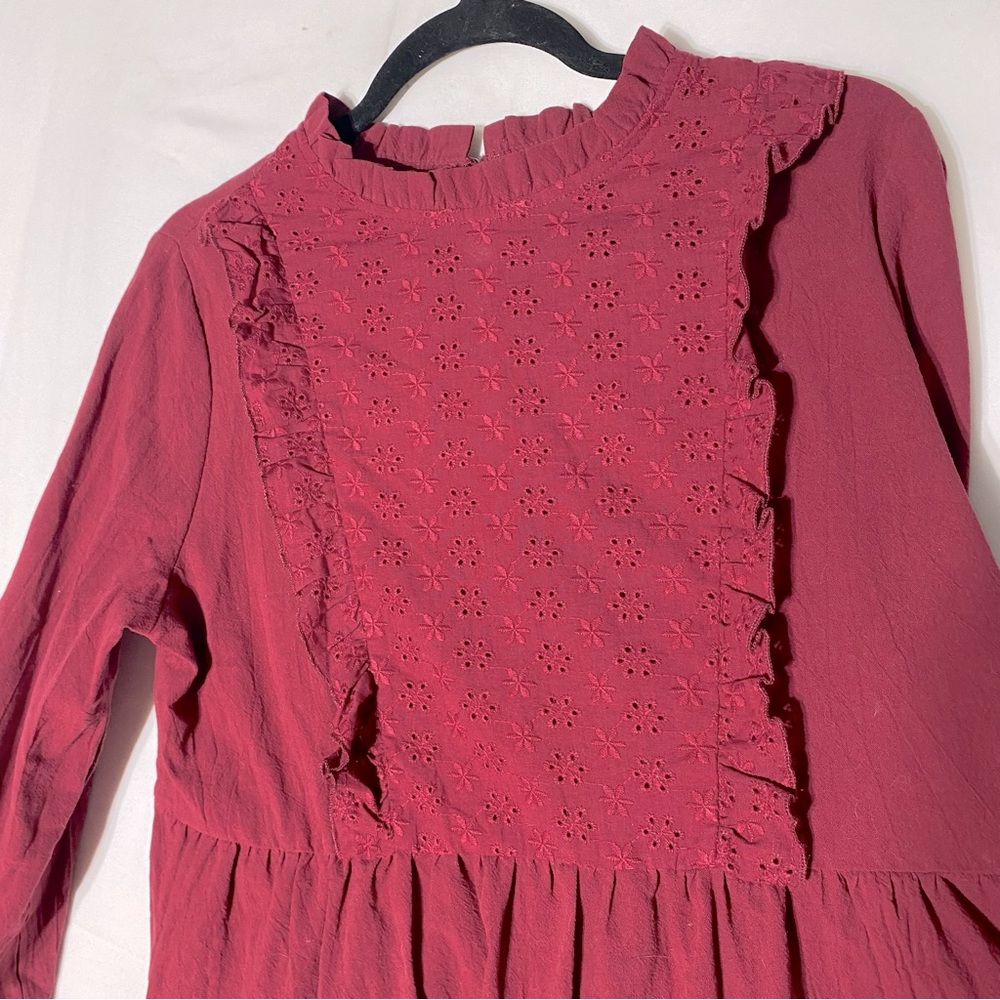 5/$25 Shein Burgundy High Collar Eyelet Ruffle Peplum Blouse L - Picture 8 of 15